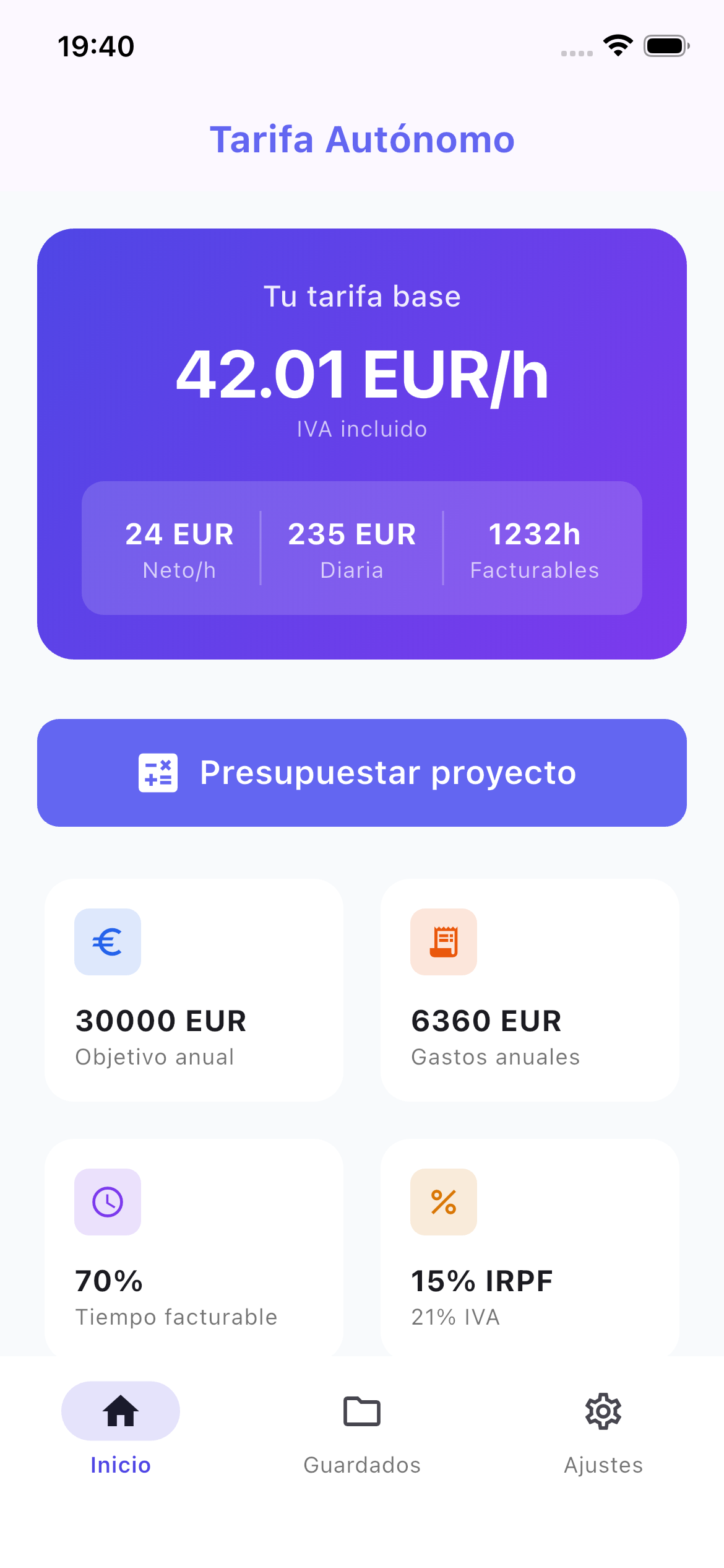 Tarifa Autónomo App - Pantalla principal